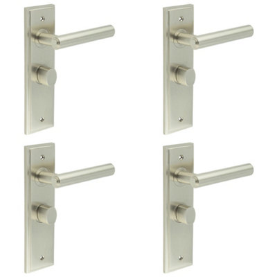 4 PACK Satin Nickel Bathroom Door Handle with Backplate and Turn Release - Solid Brass Interior Toilet Lever