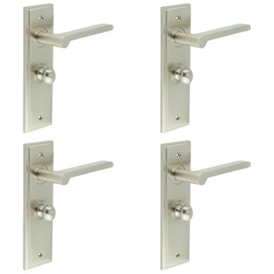 4 PACK Satin Nickel Bathroom Door Handle with Backplate and Turn Release Solid Brass Internal Handle