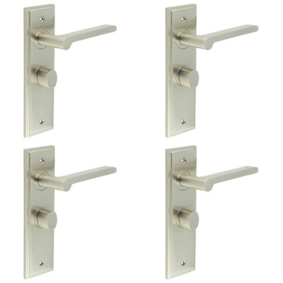 4 PACK Satin Nickel Bathroom Door Handle with Backplate and Turn Release Solid Brass - Internal Handle