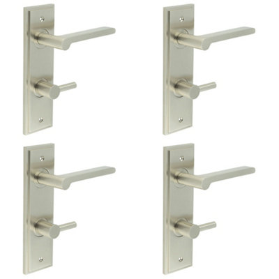 4 PACK Satin Nickel Bathroom Door Handle with Backplate and Turn Release - Solid Brass Internal Handle