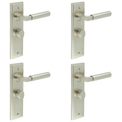 4 PACK Satin Nickel Bathroom Door Handle with Backplate and Turn Release - Solid Brass Toilet Interior Handle