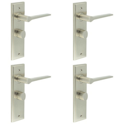 4 PACK Satin Nickel Bathroom Door Handle with Backplate and Turn Release - Solid Brass WC Interior Handle