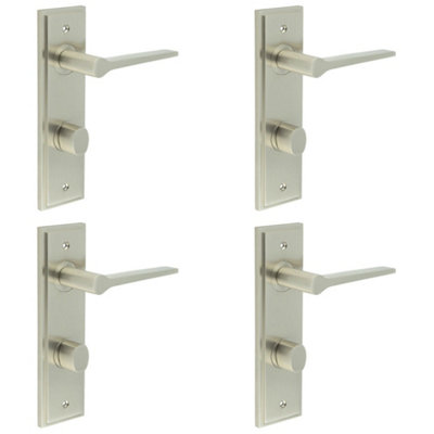 4 PACK Satin Nickel Bathroom Door Handle with Backplate - Classic Design and Modern Functionality - Solid Brass Interior Handle