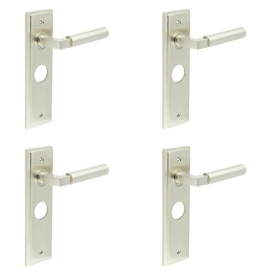 4 PACK Satin Nickel Bathroom Door Handle with Backplate for Modern Homes - Solid Brass Interior Lever