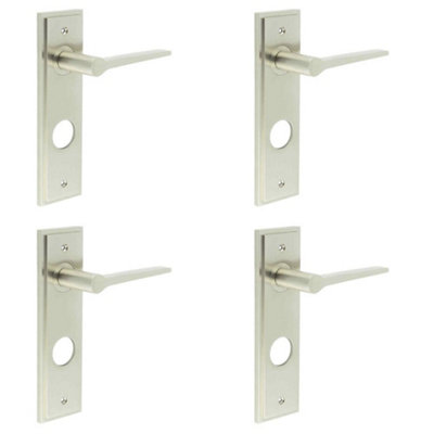 4 PACK Satin Nickel Bathroom Door Handle with Backplate - Modern Brass Lever Design - Solid Brass Interior Handle