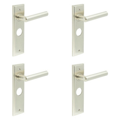 4 PACK Satin Nickel Bathroom Door Handle with Backplate - Solid Brass Interior Lever