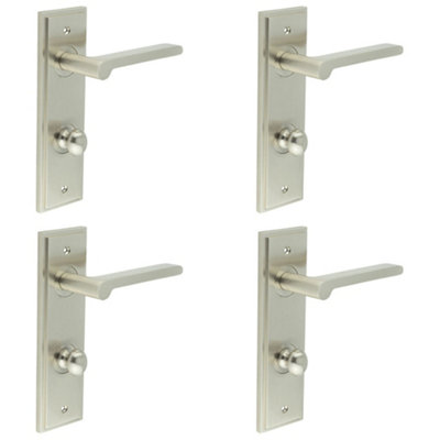 4 PACK Satin Nickel Bathroom Door Handle with Backplate & Turn Release - Solid Brass Interior Handle