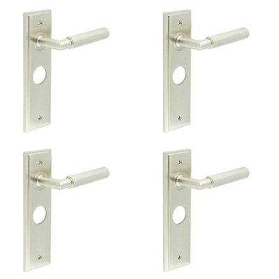 4 PACK Satin Nickel Bathroom Door Handle with Luxury Backplate - Solid Brass Interior Handle