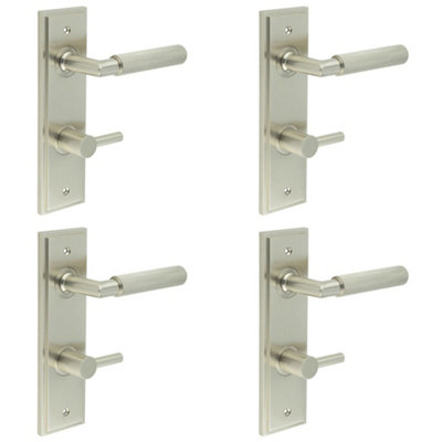 4 PACK Satin Nickel Bathroom Door Handle with Turn & Release Backplate - Solid Brass Interior Handle