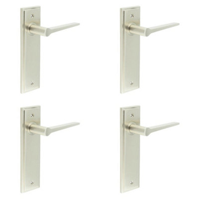 4 PACK Satin Nickel Door Handle Latch Backplate - Modern Brass Design - Solid Brass Interior Handle