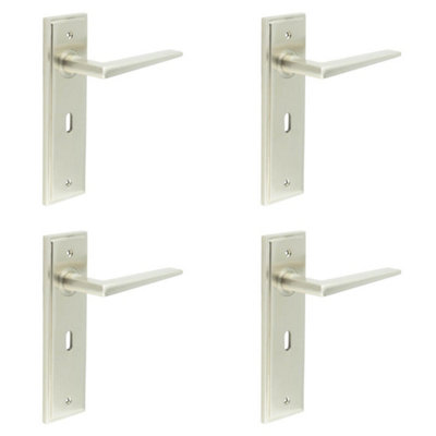 4 PACK Satin Nickel Door Handle Lock Backplate for Modern Homes - Solid Brass Interior Handle