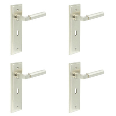4 PACK Satin Nickel Door Handle Lock Backplate for Modern Homes - Solid Brass Interior Lever