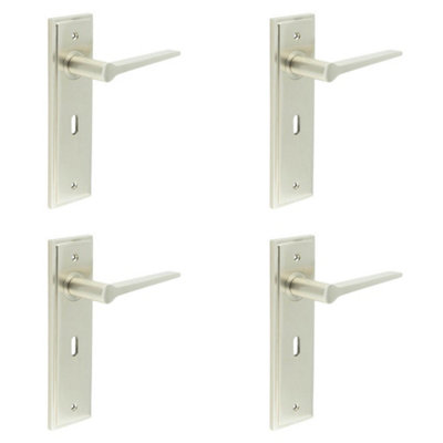 4 PACK Satin Nickel Door Handle Lock Backplate - Modern Brass Lever Design - Solid Brass Interior Handle