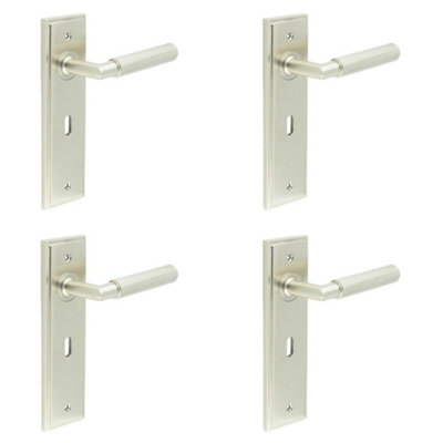 4 PACK Satin Nickel Door Handle Lock Backplate with Luxury Design - Solid Brass Interior Handle