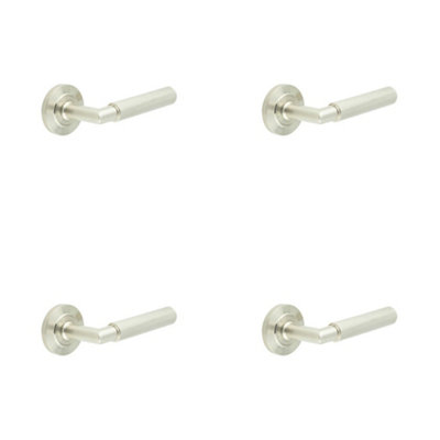 4 PACK Satin Nickel Door Handle on Chamfered Rose - Luxury Solid Brass Design - Solid Brass Interior Handle