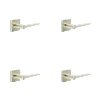 4 PACK Satin Nickel Door Handle on Square Rose - Solid Brass - Solid Brass Interior Handle