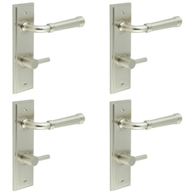 4 PACK Satin Nickel Door Handle with Backplate and Turn Release for Bathrooms - Solid Brass Interior Handle