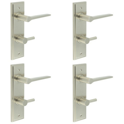 4 PACK Satin Nickel Door Handle with Backplate and Turn Release for Bathrooms - Solid Brass WC Interior Handle
