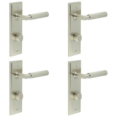 4 PACK Satin Nickel Door Handle with Backplate for Bathroom - Elegant Turn & Release Design - Solid Brass Interior Handle