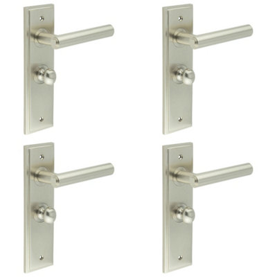 4 PACK Satin Nickel Door Handle with Backplate for Bathrooms - Stylish Turn & Release Design - Solid Brass Interior Lever