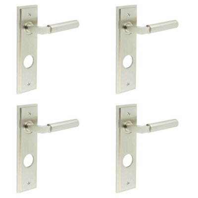 4 PACK Satin Nickel Door Handle with Backplate for Modern Bathrooms - Solid Brass Interior Lever