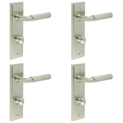 4 PACK Satin Nickel Door Handle with Bathroom Backplate and Turn & Release Mechanism - Solid Brass Interior Handle