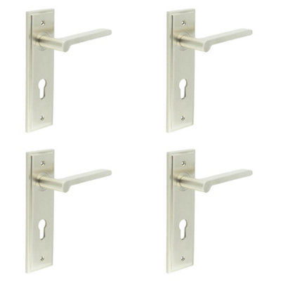 4 PACK Satin Nickel Door Handle with Euro Backplate - Elegant Brass Lever - Solid Brass Interior Handle