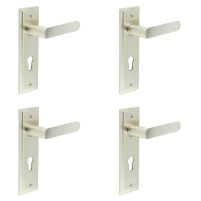 4 PACK Satin Nickel Door Handle with Euro Backplate - Elegant Solid Brass Design - Solid Brass Interior Handle
