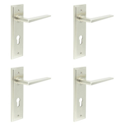 4 PACK Satin Nickel Door Handle with Euro Backplate for Modern Homes - Solid Brass Interior Handle
