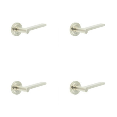 4 PACK Satin Nickel Door Handle with Stepped Rose Design - Solid Brass Interior Handle