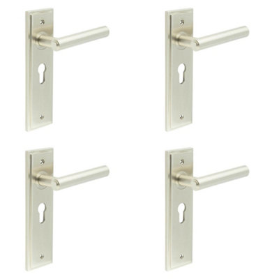 4 PACK Satin Nickel Euro Backplate Door Handle - Elegant Solid Brass Design - Solid Brass Interior Lever