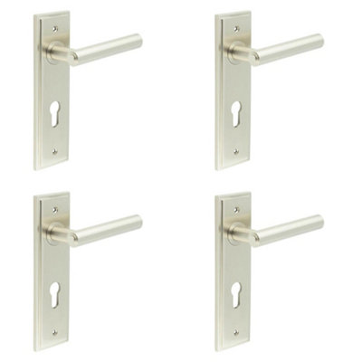 4 PACK Satin Nickel Euro Backplate Door Handle - Elegant Solid Brass Lever - Solid Brass Interior Lever