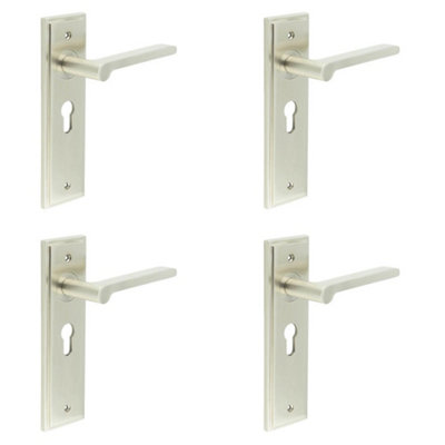 4 PACK Satin Nickel Euro Backplate Door Handle for Elegant Interiors - Solid Brass Interior Handle
