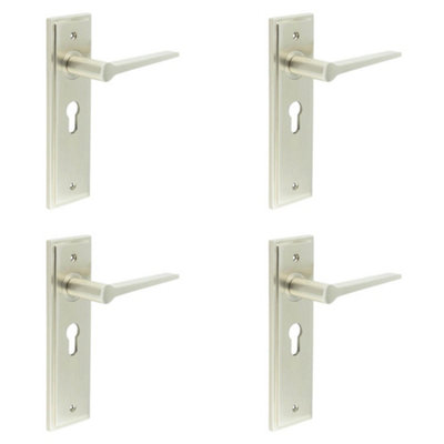 4 PACK Satin Nickel Euro Backplate Door Handle for Modern Homes - Solid Brass Interior Handle