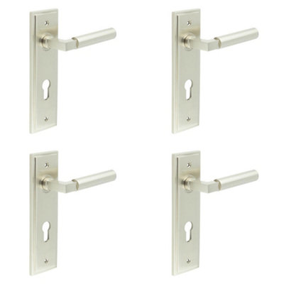 4 PACK Satin Nickel Euro Backplate Door Handle - Stylish Solid Brass Lever - Solid Brass Interior Lever