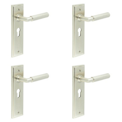 4 PACK Satin Nickel Euro Backplate Door Handle with Luxury Lever - Solid Brass Interior Handle