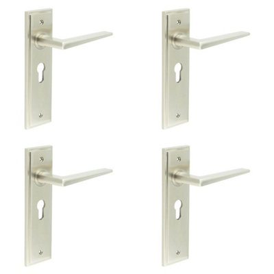 4 PACK Satin Nickel Euro Lock Door Handle with Backplate - Elegant & Durable Design - Solid Brass Interior Handle