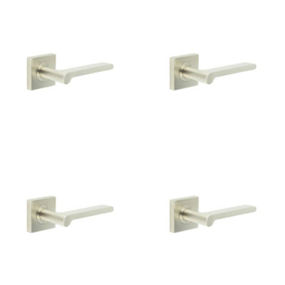 4 PACK Satin Nickel Square Door Handle with Plain Rose Design - Solid Brass Interior Handle