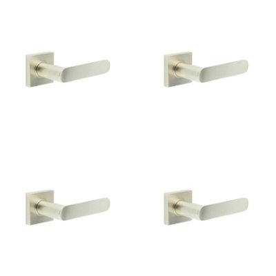 4 PACK Satin Nickel Square Door Handle with Plain Rose - Durable Brass Hardware - Solid Brass Interior Handle