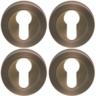 4 PACK - Screwless Round EURO Profile Escutcheon - Antique Brass 52mm Door Key Plate