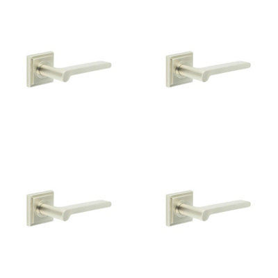 4 PACK Sleek Satin Nickel Door Handle with Square Stepped Rose Design - Solid Brass Interior Handle