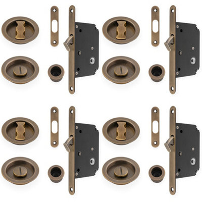 4 PACK - Sliding Pocket Door Lock & Latch Set - Antique Brass Rounded Forend Finger Pull