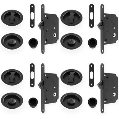 4 PACK - Sliding Pocket Door Lock & Latch Set - Matt Black Rounded Forend Finger Pull