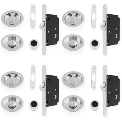 4 PACK - Sliding Pocket Door Lock & Latch Set - Polished Chrome Round Forend Finger Pull
