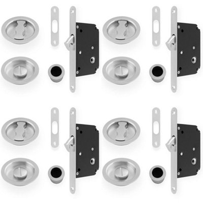 4 PACK - Sliding Pocket Door Lock & Latch Set - Satin Chrome Rounded Forend Finger Pull