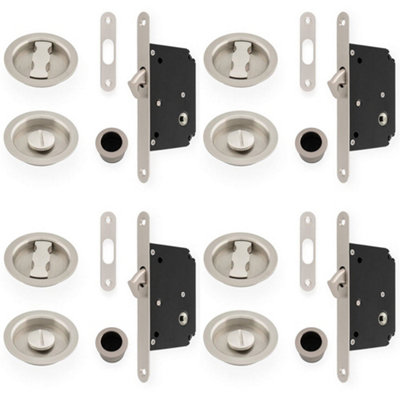 4 PACK - Sliding Pocket Door Lock & Latch Set - Satin Nickel Rounded Forend Finger Pull