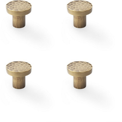 4 PACK - Slim Hammered Door Knob - Antique Brass 30mm Round Cupboard Cabinet Pull Handle