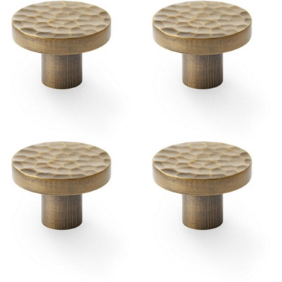 4 PACK - Slim Hammered Door Knob - Antique Brass 38mm Round Cupboard Cabinet Pull Handle