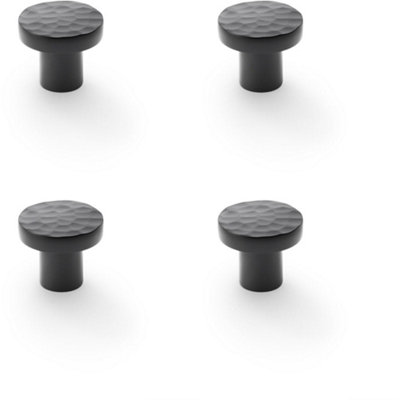 4 PACK - Slim Hammered Door Knob - Matt Black 30mm Round Cupboard Cabinet Pull Handle