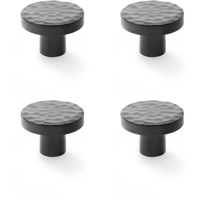 4 PACK - Slim Hammered Door Knob - Matt Black 38mm Round Cupboard Cabinet Pull Handle